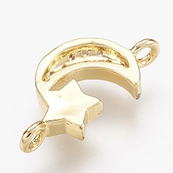 Golden Brass Micro Pave Cubic Zirconia Links, Moon and Star, Golden, 16.5x8.5x3mm, Hole: 1.5mm