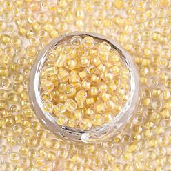Gold 12/0 Glass Seed Beads, Transparent Inside Colours Luster, Round Hole, Round, Gold, 12/0, 2~2.5x1.5~2mm, Hole: 0.8mm, about 30000pcs/bag
