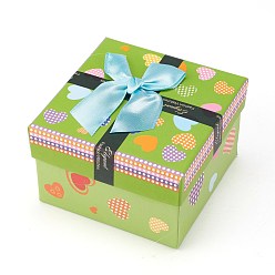 Mixed Color Heart Pattern Cardboard Jewelry Boxes, for Watch/Bracelet, with Ribbon Bowknot and Cloth Pillow, Square, Mixed Color, 9x9x5.8cm
