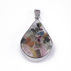 Tourmaline Natural Tourmaline Pendants, with Glass and 304 Stainless Steel Findings, teardrop, Stainless Steel Color, 26.5~27x17~17.5x6.5~7mm, Hole: 3x5.5mm