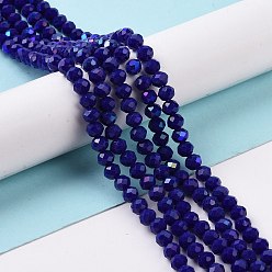 Blue Electroplate Opaque Solid Color Glass Beads Strands, Half Rainbow Plated, Faceted, Rondelle, Blue, 4x3mm, Hole: 0.4mm, about 123~127pcs/strand, 16.5~16.9 inch(42~43cm)