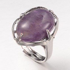 Amethyst Adjustable Oval Gemstone Wide Band Rings, with Platinum Tone Brass Findings, US Size 7 1/4(17.5mm)