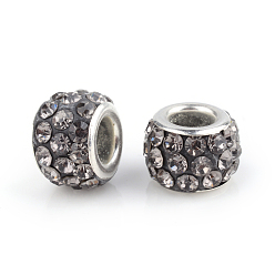 Diamant Noir Argile polymère strass perles européennes, Perles avec un grand trou   , rondelle, avec noyaux en laiton plaqué couleur argent, diamant noir, 10~12x7~8mm, Trou: 5mm
