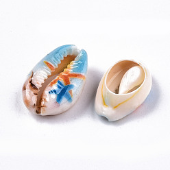 Mixed Color Printed Natural Cowrie Shell Beads, No Hole/Undrilled, with Marine Organism Pattern, Mixed Color, 18~22x13~14x6~8mm