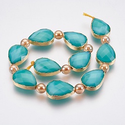 Light Sea Green Opaque Glass Beads Strands, Faceted, with Golden Tone Brass Edge, Teardrop & Round, Light Sea Green, 18x12.5~13x7~7.5mm, Hole: 1mm, about 10pcs/strand, 9 inch(23cm)