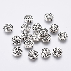 Argent Antique Perles en alliage de style tibétain, sans plomb & sans nickel & sans cadmium , plat rond, couleur argent antique, 10x4mm, Trou: 1.5mm