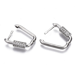 Clear Brass Micro Pave Cubic Zirconia Huggie Hoop Earring, Oval, Nickel Free, Platinum, Clear, 22x15x5mm, Pin: 1.3mm