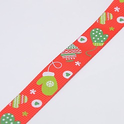 Red Christmas Gloves Printed Grosgrain Ribbon for Christmas Gift Package, Red, 3/8 inch(9mm), about 100yards/roll(91.44m/roll)