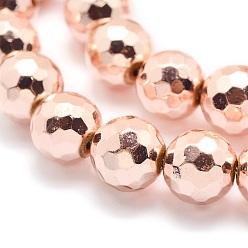 Rose Gold Plated Electroplate Non-magnetic Synthetic Hematite Beads Strands, Grade AAA, Long-Lasting Plated, Faceted, Round, Rose Gold Plated, 6mm, Hole: 1mm, about 63pcs/strand, 15.5 inch(39cm)
