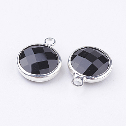 Black Silver Color Plated Brass Glass Flat Round Charms, Faceted, Black, 12x8.5x3mm, Hole: 1.5mm