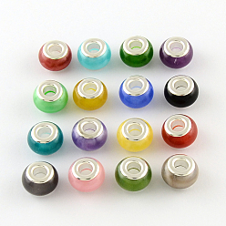 Mixed Color Large Hole Rondelle Resin European Beads, with Silver Color Plated Brass Double Core, Mixed Color, 14x9mm, Hole: 5mm
