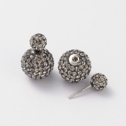 001SSHA_Crystal Silver Shade Double Austrian Crystal Ball Ear Studs, with 925 Sterling Silver Pins and Brass Findings, 001SSHA_Crystal Silver Shade, 6~12mm, Pin: 0.7mm