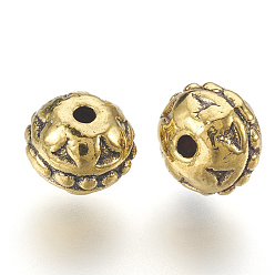 Antique Golden Tibetan Style Alloy Beads, Round, Antique Golden Color, Lead Free & Nickel Free & Cadmium Free, Size: about 8mm in diameter, 7mm thick, hole: 1.5mm