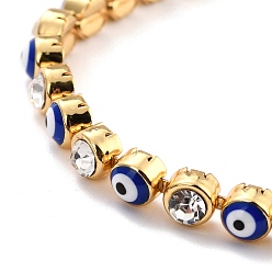 Blue Flat Round with Evil Eye Link Chain Bracelet, Clear Cubic Zirconia Tennis Bracelet, Brass Jewelry for Women, Golden, Blue, 7-1/8 inch(18.2cm)