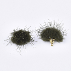 Olive Décorations pendantes de pompon en fausse fourrure de vison, avec les accessoires en alliage, Or antique, olive, 20~30x28~30mm, Trou: 1.8mm
