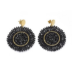 Black Handmade Woven Glass Beads Dangle Stud Earrings, with 304 Stainless Steel Findings and Ear Nuts/Earring Back, Flat Round, Golden, Black, 57mm, Pin: 0.6mm