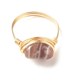 Botswana Agate Natural Botswana Agate Oval Finger Rings, Copper Wire Wrapped Jewelry for Women, Golden, US Size 8 1/4(18.3mm)~US Size 8 3/4(18.7mm)