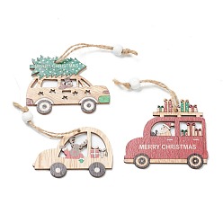 Colorful Christmas Themed Natural Wood Pendant Decorations, with Hemp Cord, Car with Snowman/Elk/Santa Claus, Colorful, 125~145mm, 9pcs/box