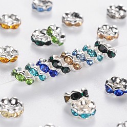Mixed Color Brass Rhinestone Spacer Beads, Grade AAA, Wavy Edge, Nickel Free, Silver Color Plated, Rondelle, Mixed Color, 5x2.5mm, Hole: 1mm