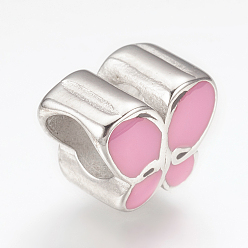 Stainless Steel Color 304 Stainless Steel Enamel European Beads, Large Hole Beads, Butterfly, Pink, Stainless Steel Color, 9.5x11x8mm, Hole: 5mm