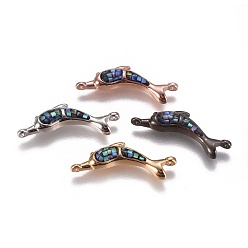 Mixed Color Abalone Shell/Paua Shell Links connectors, with Brass Findings, Dolphin, Mixed Color, 8.5x24.5x3.5mm, Hole: 1mm
