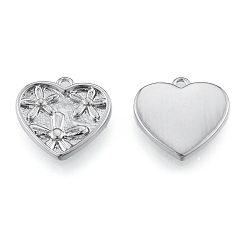 Real Platinum Plated Brass Charms, Cadmium Free & Nickel Free & Lead Free, Heart with Flower, Real Platinum Plated, 14x14x2mm, Hole: 1.2mm