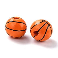 Basketball Natural Wood Beads, Dyed, Round, Basketball Pattern, 15.5x14.5mm, Hole: 3.2mm