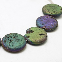 Multi-color Plated Electroplated Natural Druzy Geode Crystal Beads Strands, Flat Round, Dyed, Multi-color Plated, 30x7~8mm, Hole: 2mm, about 7pcs/strand, 8.26 inch(21cm)