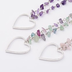 Mixed Color Gemstone beads Pendant Necklaces, with Silver Color Plated Alloy Hollow Heart Pendants, Mixed Color, 28.3 inch(72cm), 4~8mm