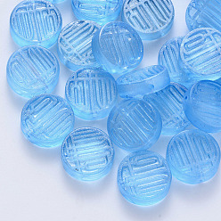 Deep Sky Blue Transparent Spray Painted Glass Beads, with Glitter Powder, Flat Round, Deep Sky Blue, 12x4mm, Hole: 1mm