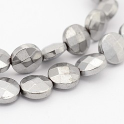Platinum Plated Electroplate Non-magnetic Synthetic Hematite Bead Strands, Faceted Flat Round, Platinum Plated, 8x4mm, Hole: 1mm, about 48pcs/strand, 15.1 inch