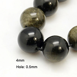 Golden Sheen Obsidian Natural Golden Sheen Obsidian Beads Strands, Round, 4mm, Hole: 0.5mm, about 90pcs/strand, 16 inch