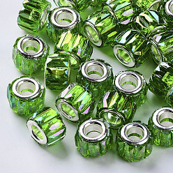 Mixed Color Transparent Resin European Beads, Large Hole Beads, with Silver Color Plated Double Brass Cores, Faceted, AB Color Plated, Column, Mixed Color, 11.5x8mm, Hole: 5mm