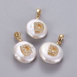 Letter D Pendentifs de perles d'eau douce de culture naturelle, avec accessoires zircon cubique micro pave en laiton, pépites avec lettre, plaqué longue durée, or, clair, letter.d, 17~27x12~16x6~12mm, Trou: 4x2.5mm