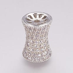 Platinum Brass Micro Pave Cubic Zirconia Beads, Column, Hollow, Platinum, 17x12mm, Hole: 2mm
