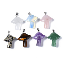 Pierre Mélangete Pendentifs pierres précieuses naturelles mixtes, avec cliquet en acier inoxydable, champignons, couleur inox, 27.5~28.5x23~25x9.5~10.5mm, Trou: 3x5mm