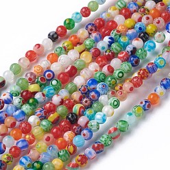 Couleur Mélangete Main verre millefiori rangées de perles rondes, couleur mixte, 4mm, Trou: 1mm, Environ 95~100 pcs/chapelet, 14~14.5 pouce