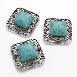 Antique Silver Tibetan Style Alloy Filigree Joiners, with Synthetic Turquoise, Square, Antique Silver, 33.8x33.8x10mm, Hole: 2x3mm