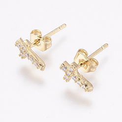 Golden Brass Micro Pave Cubic Zirconia Stud Earrings, with Ear Nuts, Cross, Golden, 8x5x2mm, pin: 1mm