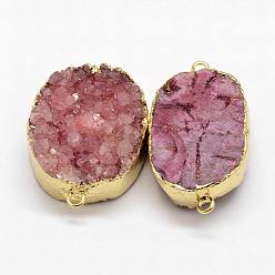 Pale Violet Red Electroplated Natural & Dyed Druzy Agate Links connectors, with Golden Plated Brass Findings, Oval, Pale Violet Red, 30~42x15~27x9~12mm, Hole: 2mm