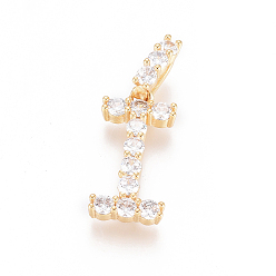 Letter I Golden Plated Brass Micro Pave Clear Cubic Zirconia Pendants, Long-Lasting Plated, Letter, Letter.I, 22x11x3.5mm, Hole: 7x3mm