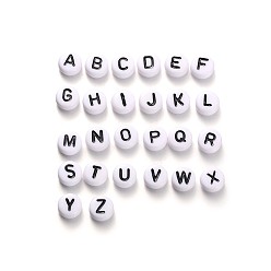 Letter A~Z Perles acryliques alphabet trou horizontal, plat rond, lettre a ~ z, 7x4mm, Trou: 1mm