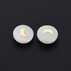 Golden Natural Freshwater Shell Beads, with Golden Plated Brass Metal Embellishments, Flat Round with Moon, Seashell Color, 8x4.5mm, Hole: 0.6mm