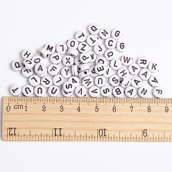White Acrylic Horizontal Hole Letter Beads, Flat Round, Size: about 7mm in diameter, 3mm thick, hole: 1.5mm, about 4060pcs/500g.