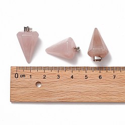 Rose Quartz Cone/Spike/Pendulum Natural Rose Quartz Stone Pendants, with Platinum Plated Iron Findings, 25~27x14x14mm, Hole: 6x3mm