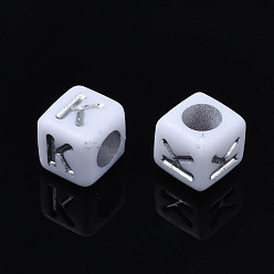 Letter Silver Plating Acrylic Beads, Metal Enlaced, Cube, White, Random Mixed Letters, 6x6x6mm, Hole: 3mm, about 2995pcs/500g
