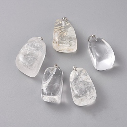 Cristal de Quartz Pendeloques de cristal de quartz naturel, pendentifs en cristal de roche, avec les accessoires en laiton de tonalité de platine, nuggets, 23~30x13~22x12~20mm, Trou: 5x3mm