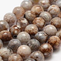 Khaki Faceted Natural Fire Crackle Agate Beads Strands, Round, Dyed & Heated, Khaki, 12mm, Hole: 1.5mm,about 30~32pcs/strand, 14 inch(35.6cm)