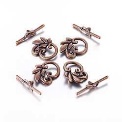 Red Copper Leaf Tibetan Style Toggle Clasps, Lead Free, Cadmium Free and Nickel Free, Red Copper, Leaf: 19x24mm, Bar: 5.5x29.5mm, Hole: 1.6mm.