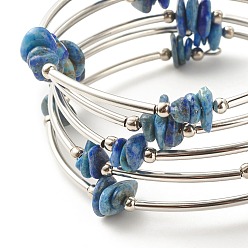 Lapis Lazuli 5-Loop Natural Lapis Lazuli Chip Beaded Wrap Bracelets for Women, Steel Memory Wire Bracelet, Platinum, Inner Diameter: 2-1/8 inch(5.45cm)